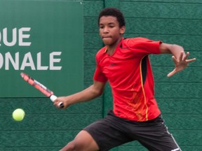 Montrealer Félix Auger-Aliassime playing Monday, July 20, 2015, in Granby Challenger tennis tournament.