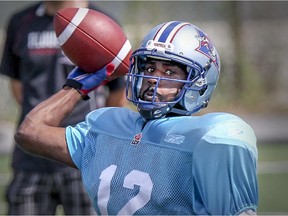 Alouettes quarterback Rakeem Cato passes the football during practice in Montreal on Aug. 24, 2015.
