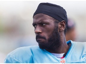 MONTREAL, QUE.: AUGUST 25, 2015 -- Quarterback Rakeem Cato of the Montreal Alouettes takes part in a practice at Stade Hébert in the St. Léonard area of Montreal Tuesday, August 25, 2015.  The team was preparing for Thursday's game against the Tiger-Cats in Hamilton.  (John Kenney / MONTREAL GAZETTE)