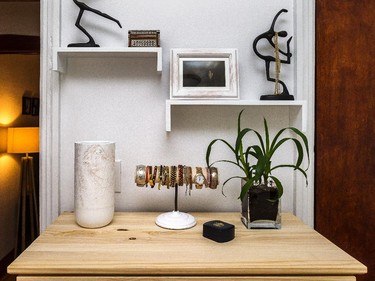 Simple display shelves and furniture are from IKEA.