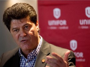 Jerry Dias, president of Unifor, speaks to the media in Montreal on Thursday February 19, 2015.