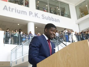 Montreal Canadiens defenceman P.K. Subban speaks during an announcement that he is to donate $10 million over 7 years to the Montreal Children's Hospital foundation, in an atrium at the hospital which now bears his name, in  Montreal, Wednesday September 16, 2015.  It's the largest philanthropic contribution by a sports figure in Canadian history.