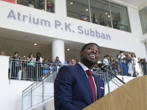 Montreal Canadiesn defenceman P.K. Subban announces that his foundation is pledging $10 million over years to the Montreal Children's Hospital.