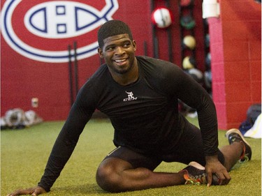 P.K. Subban stretches between physical tests at the Bell Sports Complex.