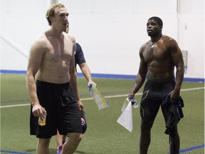 Canadiens forward Dale Weise (left) and defenceman P.K. Subban move on to the next station after taking a physical test at the Bell Sports Complex in Brossard on Sept. 17, 2015 on the team's off-ice physical testing day.