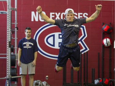 Montreal Canadiens forward Christian Thomas makes a jump at the Bell Sports Complex in Brossard.