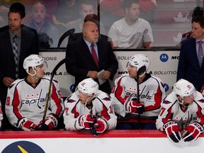 Capitals head coach Barry Trotz watches the play against the Canadiens during NHL pre-season action in Montreal on Thursday September 24, 2015.