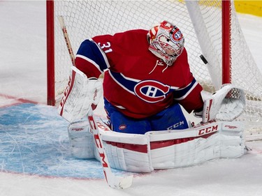 Montreal Canadiens goalie Carey Price makes a save against the Chicago Blackhawks during NHL pre-season action in Montreal on Friday September 25, 2015.