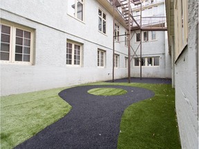 What was once lost space between buildings has been converted to an enclosed courtyard playground for the kindergarten students as the College Sainte-Anne  converts the old Queen of Angels girls high school into a co-ed bilingual elementary school.