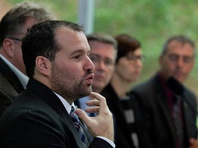 Christian Savard, director general of Vivre en Ville speaks to the media as Quebec's order of architects and order of urban planners join other groups for a press conference to denounce "incoherence" in the province's regulations for urban planning in Montreal on Tuesday Sept. 29, 2015.