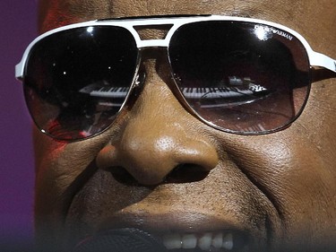 A keyboard is reflected in Stevie Wonder's glasses as he performs his Songs In the Key of Life album at the Bell Centre in Montreal Wednesday September 30, 2015.