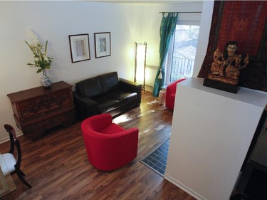 A view of the living room  from the stairs.