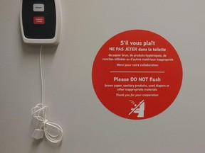 The MUHC's public affairs staff spent hours on Friday, Sept. 11, 2015, plastering stickers on walls next to 1,000 toilets throughout the $1.3-billion superhospital with instructions on what not to flush down toilets, including brown paper, sanitary products and used diapers.