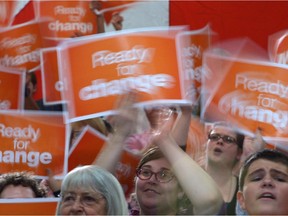 NDP supporters cheer as Tom Mulcair arrives at a rally in Kamloops, B.C.