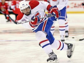 P.K. Subban takes a shot during warmup before game against the Senators in Ottawa on  January 16, 2014.