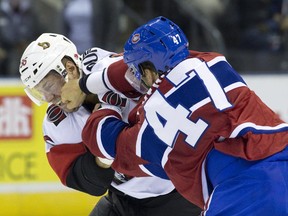 Ottawa Senators forward Vincent Dunn and Canadiens forward Jeremy Gregoire fight during NHL Rookie Tournament game at Budweiser Gardens in London, Ont. on Sept. 13, 2015. Network