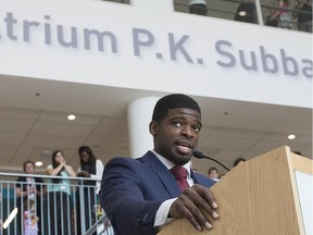 Montreal Canadiens defenceman P.K. Subban smiles during a press conference at the Children's Hospital in Montreal, Wednesday, September 16, 2015, where he announced that his foundation would pledge $10-million to the hospital over the next seven years.
