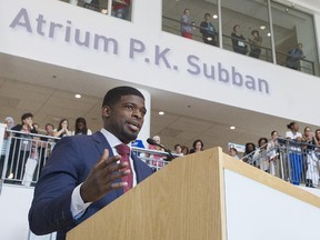 Montreal Canadiens defenceman P.K. Subban smiles during a press conference at the Children's Hospital in Montreal, Wednesday, September 16, 2015, where he announced that his foundation would pledge $10-million to the hospital over the next seven years.