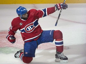 Montreal Canadiens' P.K. Subban celebrates his goal past Ottawa Senators goalie Andrew Hammond during second period of Game 2 NHL Stanley Cup first round playoff hockey action April 17, 2015 in Montreal.