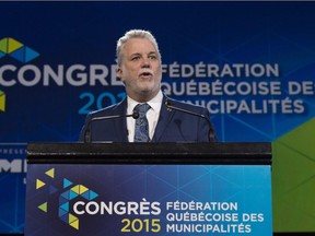 Quebec Premier Philippe Couillard speaks Thursday, Sept. 24, 2015 at the opening of the annual convention of the Federation Québécoise des Municipalités in Quebec City.