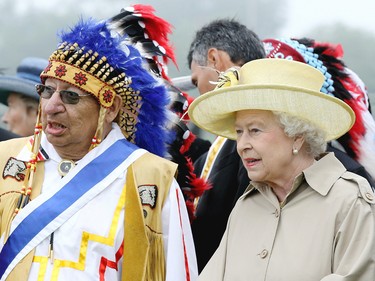 Queen Elizabeth II attends a Mi‚Äôkmaq event at Halifax, Nova Scotia on June 28, 2010. The Queen and Duke of Edinburgh visited Canada to celebrate the centenary of the Canadian Navy.