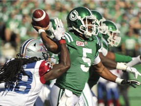 Saskatchewan Roughriders' quarterback Kevin Glenn attempts a pass against the Alouettes during CFL action in Regina on Sept. 27, 2015.