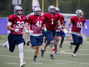 Nicholas Shortill, No. 1, takes part in the Montreal Alouettes training camp at Bishop's University in Lennoxville on May 31, 2015. He will start at middle linebacker when the Alouettes face the Roughriders on Sunday. (Dario Ayala / Montreal Gazette)