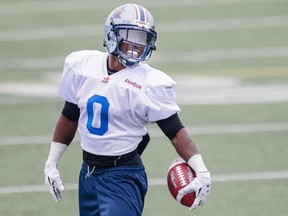 Stefan Logan takes part in the Alouettes training camp at Bishop's University in Lennoxville, Quebec on Sunday, May 31, 2015. (Dario Ayala / Montreal Gazette)