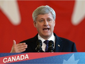 Conservative Leader Stephen Harper speaks during a campaign stop in Markham, Ont.