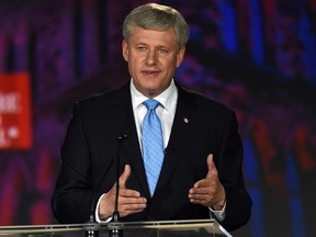 Conservative Leader Stephen Harper speaks during the Globe and Mail  leaders' debate in Calgary on Thursday, September 17, 2015.