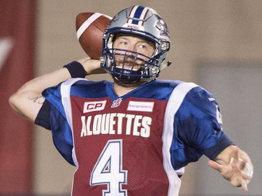 Montreal Alouettes' quarterback Tanner Marsh throws a pass during first half CFL football action against the B.C. Lions in Montreal on Thursday, September 3, 2015.