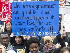 File photo: French-language public school teachers demonstrate in Montreal, Sept. 30, 2015.