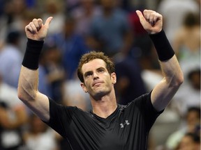 Andy Murray of Great Britain salutes the crowd after his win over Nick Kyrgios of Australia during their U.S. Open 2015 first round men's singles match at the USTA Billie Jean King National Center, Sept. 1, 2015, in New York.