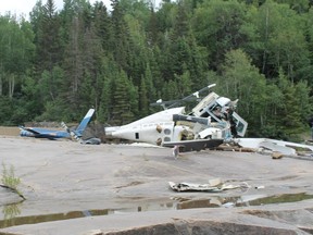 Wreckage of Bell 206 helicopter in Sept-Îles, Quebec, on Sept. 3, 2015.