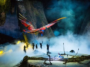A scene from Toruk - The First Flight, the latest Cirque du Soleil show, inspired by the film Avatar. It is set to have its world premiere at the Bell Centre in Montreal on Dec. 21, 2015.