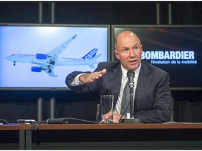 Alain Bellemare, president and Chief Executive Officer Bombardier Inc., speaks to the media at a news conference Thursday, October 29, 2015 in Montreal. The Quebec government is investing $1 billion in Bombardier's CSeries aircraft program.