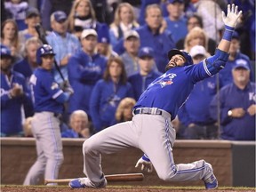 Toronto Blue Jays' Jose Bautista rears back on a close pitch from Kansas City Royals' Ryan Madson during eighth inning Game 1 American League Championship Series baseball action in Kansas City, Mo., on Friday, Oct. 16, 2015.