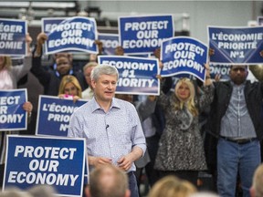 Prime Minister Stephen Harper during a campaign visit to William F. White International in the Etobicoke part of Toronto, Ont. on Tuesday October 13, 2015.