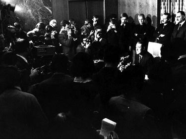 (Centre) Quebec's Justice Minister  Jerome Choquette's December 28, 1970 press conference on the October Crisis.