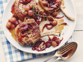 Turn pork chops a rich bronze with browning, red onions and red grapes. Honey sweetens the dish.