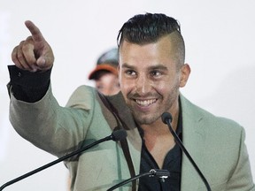 IBF middleweight champion David Lemieux speaks during a news conference in Montreal, Wednesday, August 19, 2015, ahead of his unification fight against Gennady Golovkin which takes place in Madison Square Garden on October 17.