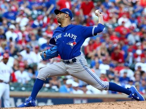 David Price of the Toronto Blue Jays pitches in the eighth inning against the Texas Rangers in game four of the American League Division Series at Globe Life Park in Arlington on Oct. 12, 2015, in Arlington, Tex.