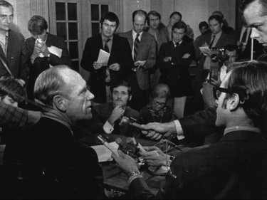 Federal Minister of External Affairs, Mitchell Sharp rejects FLQ (kidnapping) demands during an October 7, 1970 press conference, regarding British Trade Commissioner James Cross's release. FLQ October Crisis 1970.
