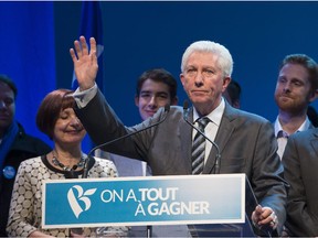 Bloc Quebecois Leader Gilles Duceppe waves goodbye to supporters at the end of his speech, at the Bloc Quebecois election headquarters Tuesday, October 20, 2015 in Montreal Que. Canadians are voting in a general election.
