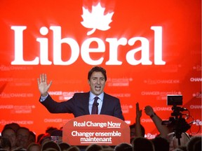 Liberal leader and incoming prime minister Justin Trudeau speaks to supporters at Liberal party headquarters in Montreal early Tuesday, Oct. 20, 2015.