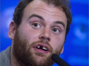 Zack Kassian attends a news conference in Vancouver on April 27, 2015 when he was with the Vancouver Canucks.