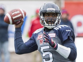 Montreal Alouettes quarterback Kevin Glenn throws a pass during first half CFL football action against the Hamilton Tiger Cats in Montreal, Sunday, Oct. 18, 2015.