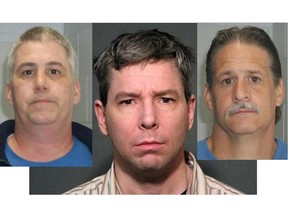 Left to right, Timothy Simpson, Leslie Greenwood, and Robert William Simpson. Greenwood, 45, is alleged to have been the getaway driver when Robert Simpson shot and killed Kirk (Cowboy) Murray and Antonio Onesi on January 24, 2010 in the parking lot of a McDonald's in N.D.G. Timothy allegedly used a shotgun to protect the back of his brother Robert during the murders. (Montreal police)