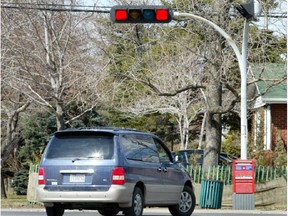 A vehicle makes a legal right turn on a red light at Simard and Plamondon in Brossard on the South Shore.
