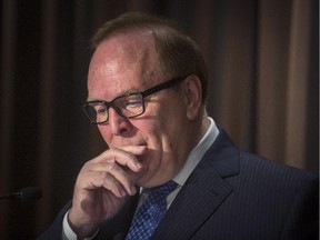 Marcel Aubut, the former president of the Canadian Olympic Committee speaks to reporters in Montreal Friday, October 9, 2015. Aubut apologized for his behaviour amid widespread allegations he sexually harassed several women.